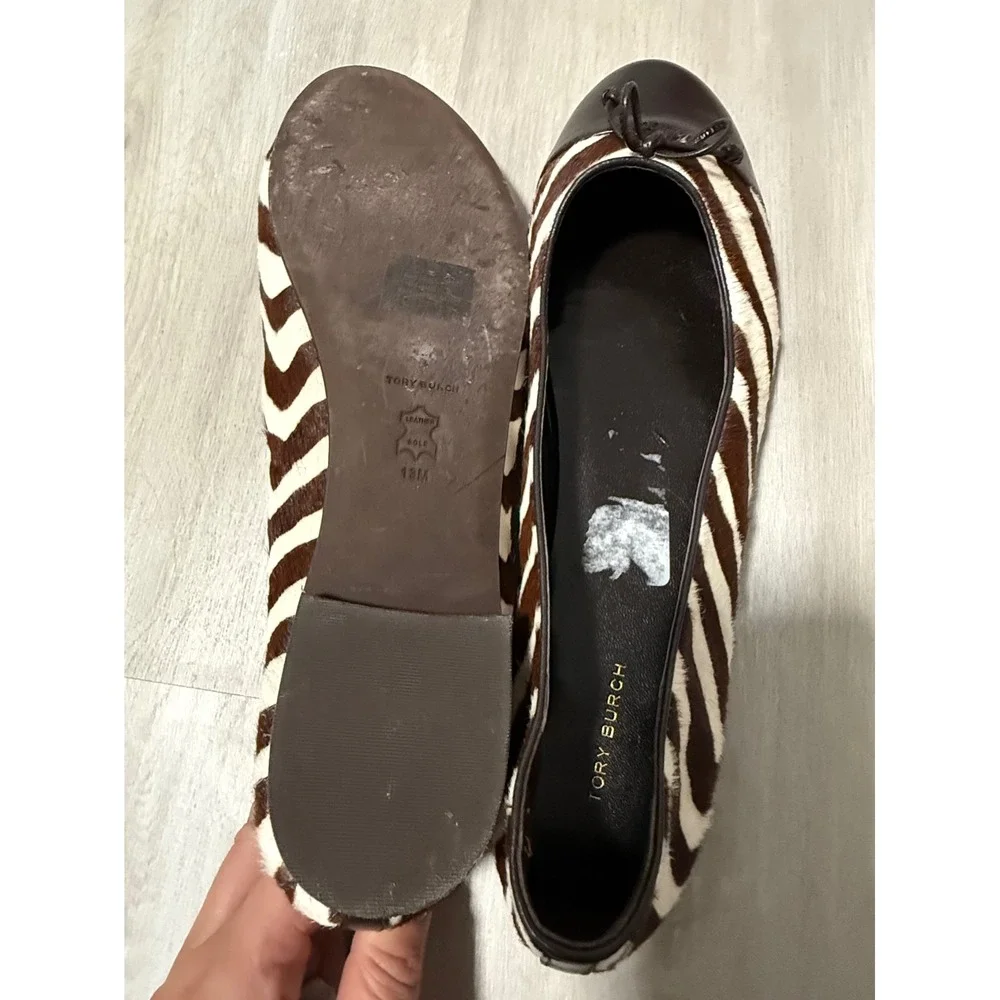 Tory Burch Zebra Print‎ Calf Hair Leather Ballet Flats Brown Cream Bow Women 13M